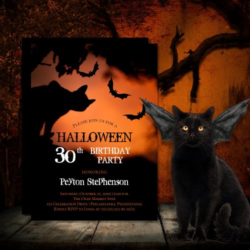 Spooky Cat  Bats Halloween 30th Birthday Party Invitation