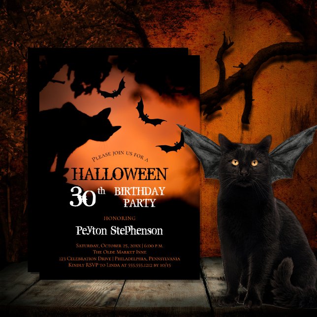 Spooky Cat | Bats Halloween 30th Birthday Party Invitation (Spooky black cat and bats against an orange sky Halloween 30th Birthday Party Invitation)