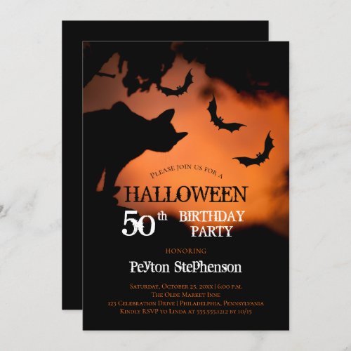 Spooky Cat  Bats Halloween 50th Birthday Party Invitation