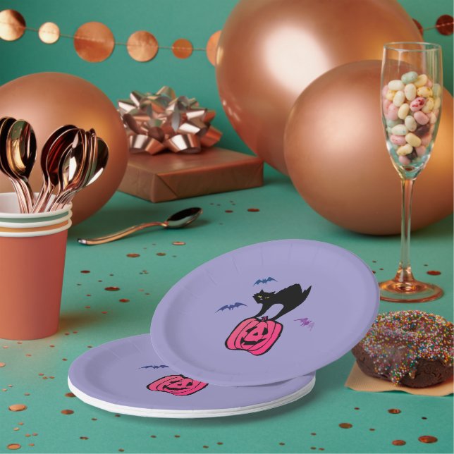Spooky Cat Halloween Pumpkin Pop Art Paper Plates (Multi)