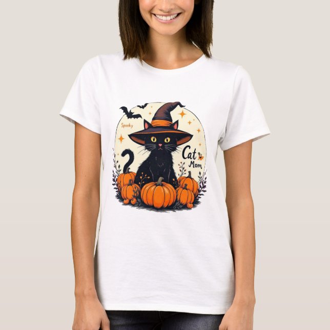 Spooky Cat Mom Halloween T-Shirt – Cute Black Cat  (Front)
