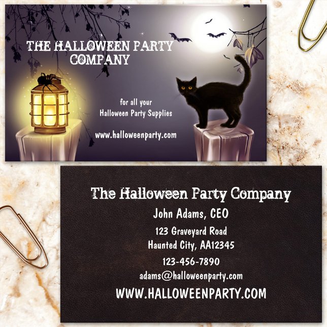 Spooky Cat 'n Bat Halloween Party Business Card (Halloween business card showing a cute black cat, spider on a lantern and bats at full moon)