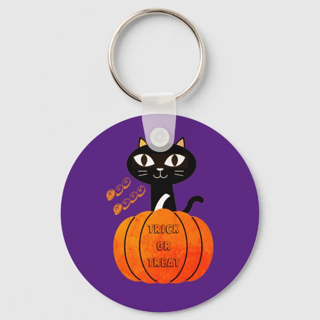 Spooky Cat Purple Black Orange Pumpkin Halloween Keychain (Front)