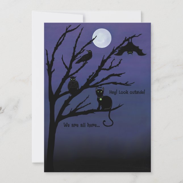 Spooky cat-raven-owl-bat-night-moon Halloween card (Front)
