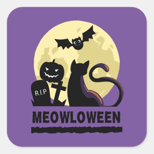 Spooky Cat Silhouette Scene Halloween  Meowloween Square Sticker