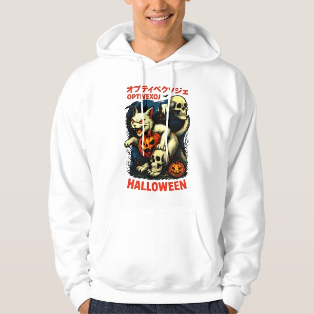 Spooky Cat, Skulls & Haunted Castle Hallowee Hoodie (Front)
