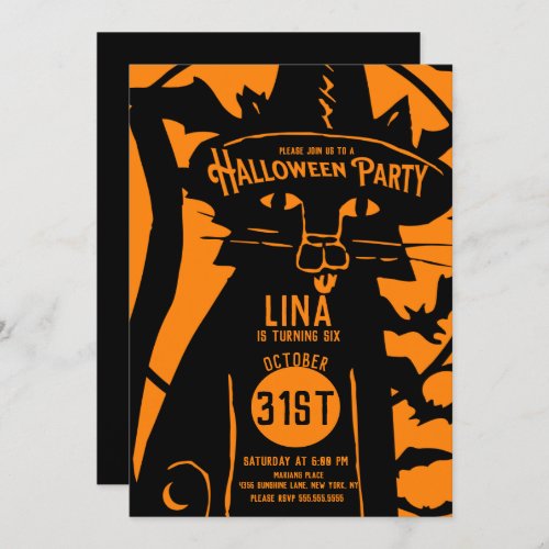 Spooky Cat Vintage Orange Black Halloween Birthday Invitation