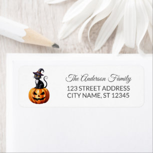Spooky cat wearing witch's hat Halloween Pumpkins  Label