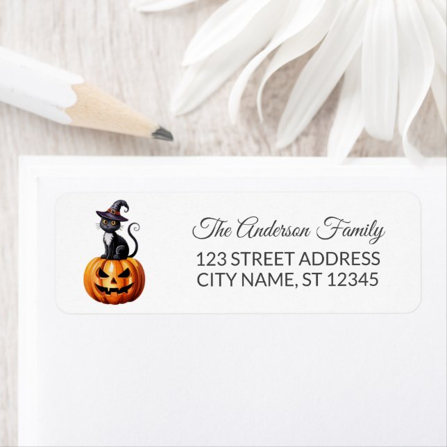 Spooky cat wearing witch's hat Halloween Pumpkins  Label (Insitu)