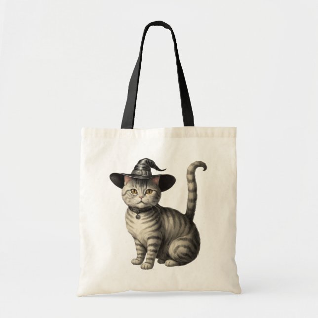 Spooky cat wearing witch's hat Halloween     Tote Bag (Front)