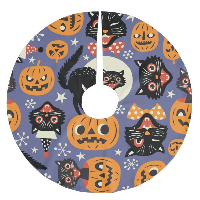 Spooky Cats Pumpkins Purple Pattern Brushed Polyester Tree Skirt (Front)