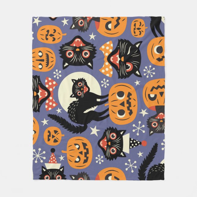 Spooky Cats Pumpkins Purple Pattern Fleece Blanket (Front)