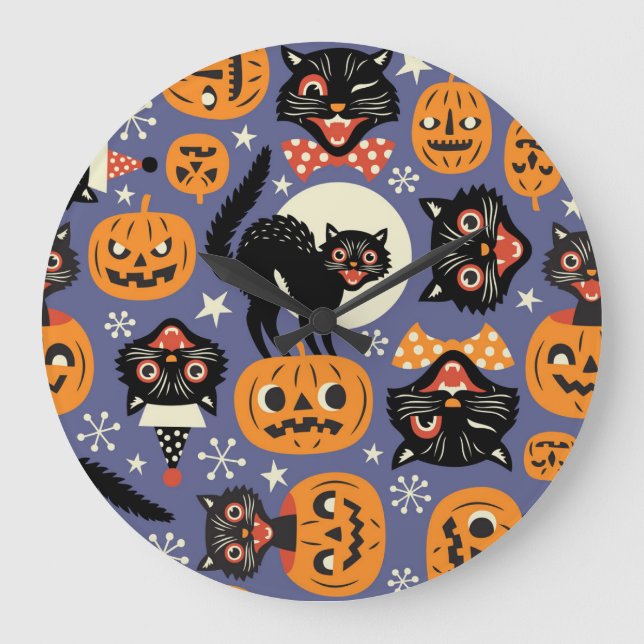Spooky Cats Pumpkins Purple Pattern Large Clock (Front)
