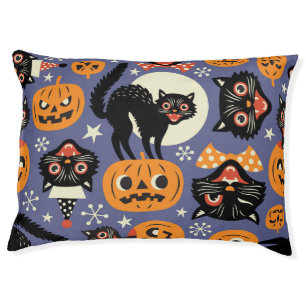 Spooky Cats Pumpkins Purple Pattern Pet Bed