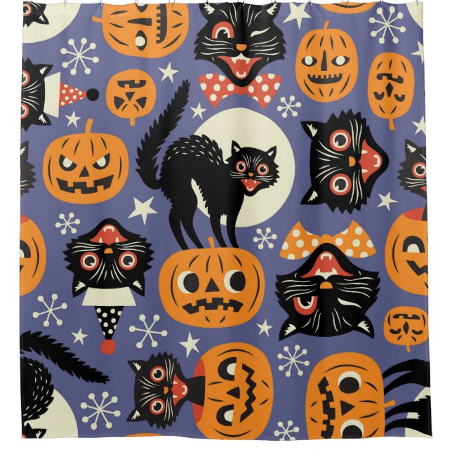 Spooky Cats Pumpkins Purple Pattern Shower Curtain (Front)