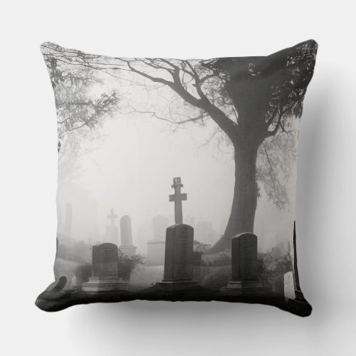 Spooky Cemetery Cushion Black and White