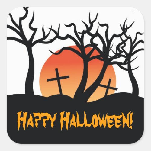 Spooky Cemetery Happy Halloween Postage Stamp Square Sticker