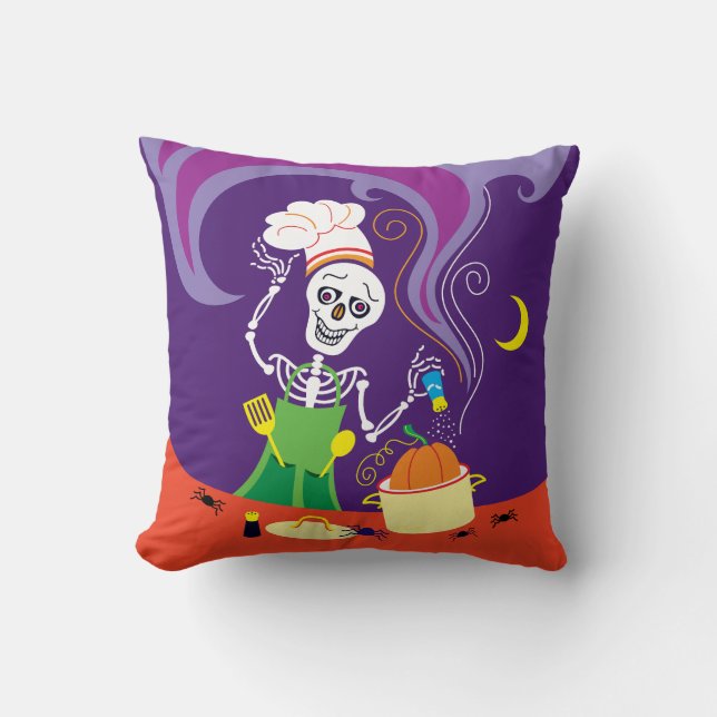 Spooky Chef Cooking a Pumpkin Throw Pillow (Front)