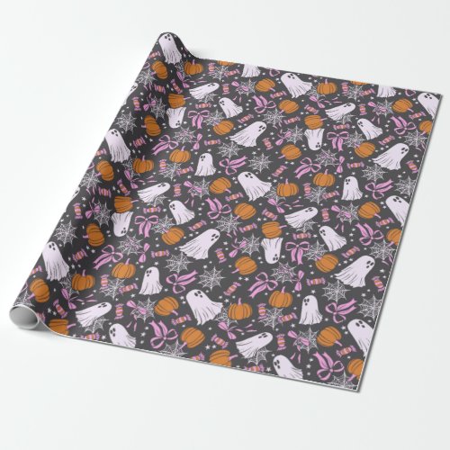 Spooky Chic Ghosts Coquette Pink Bows Halloween Wrapping Paper