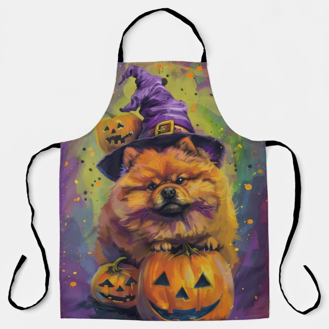 Spooky Chow Chow Dog Halloween Witch And Pumpkin  Apron (Front)