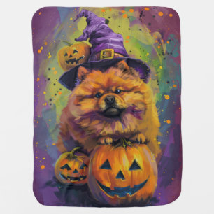 Spooky Chow Chow Dog Halloween Witch And Pumpkin  Baby Blanket
