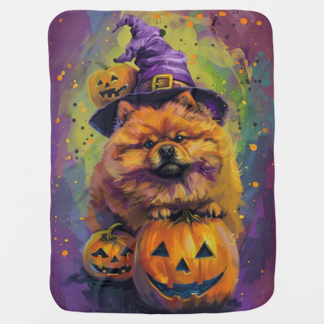 Spooky Chow Chow Dog Halloween Witch And Pumpkin  Baby Blanket (Front)