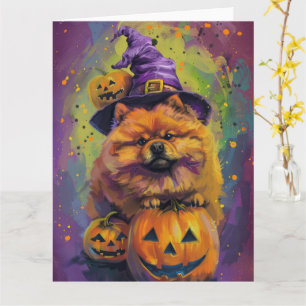 Spooky Chow Chow Dog Halloween Witch And Pumpkin  Card