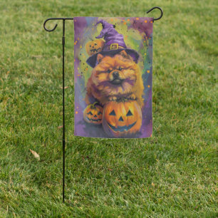 Spooky Chow Chow Dog Halloween Witch And Pumpkin  Garden Flag