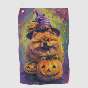 Spooky Chow Chow Dog Halloween Witch And Pumpkin Golf Towel