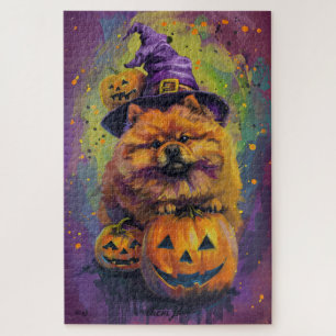 Spooky Chow Chow Dog Halloween Witch And Pumpkin Jigsaw Puzzle