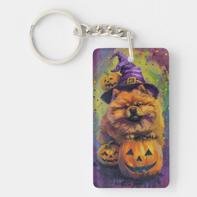 Spooky Chow Chow Dog Halloween Witch And Pumpkin  Keychain (Front)