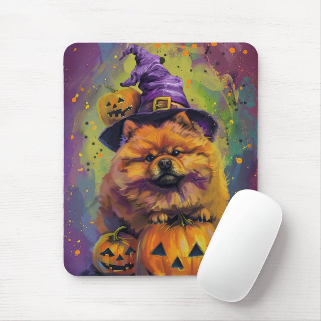 Spooky Chow Chow Dog Halloween Witch And Pumpkin  Mouse Pad (With Mouse)