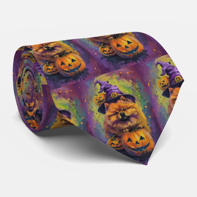Spooky Chow Chow Dog Halloween Witch And Pumpkin  Neck Tie (Rolled)