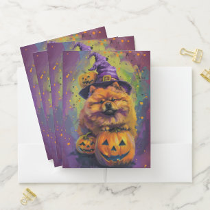 Spooky Chow Chow Dog Halloween Witch And Pumpkin  Pocket Folder