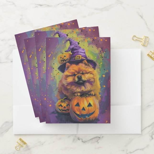 Spooky Chow Chow Dog Halloween Witch And Pumpkin  Pocket Folder (In Situ)