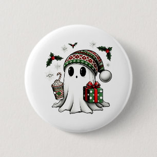 Spooky Christmas Halloween Ghost Santa Hat Button