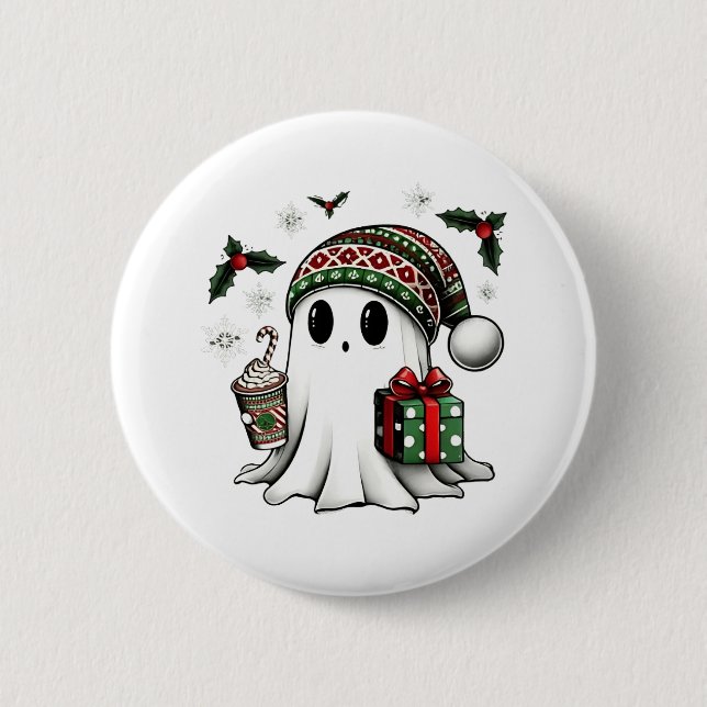 Spooky Christmas Halloween Ghost Santa Hat Button (Front)