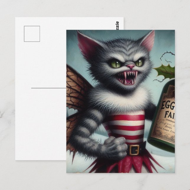 Spooky Christmas Horror Kitty Fairy With Eggnog Postcard (Front/Back)