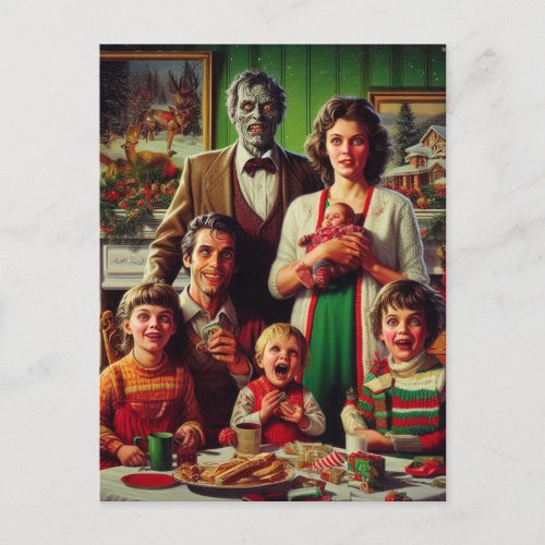 Spooky Christmas Horror Retro Family Portrait Postcard
