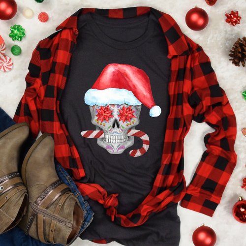 Spooky Christmas Skull Wearing Santa Hat T_Shirt