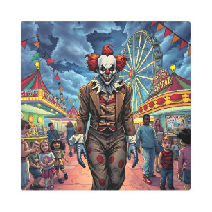 Spooky Clown at Carnival Comic Style Metal Print