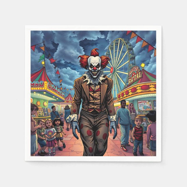 Spooky Clown at Carnival Comic Style Napkins (Front)