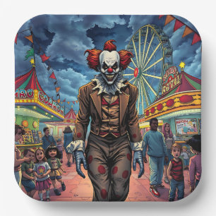 Spooky Clown at Carnival Comic Style Paper Plates