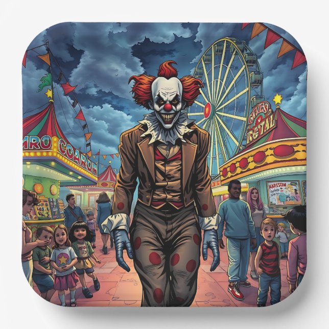 Spooky Clown at Carnival Comic Style Paper Plates (Front)