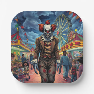 Spooky Clown at Carnival Comic Style Paper Plates