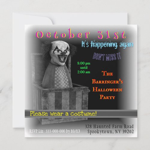 Spooky Clown in the Box Adult Halloween Costume   Invitation