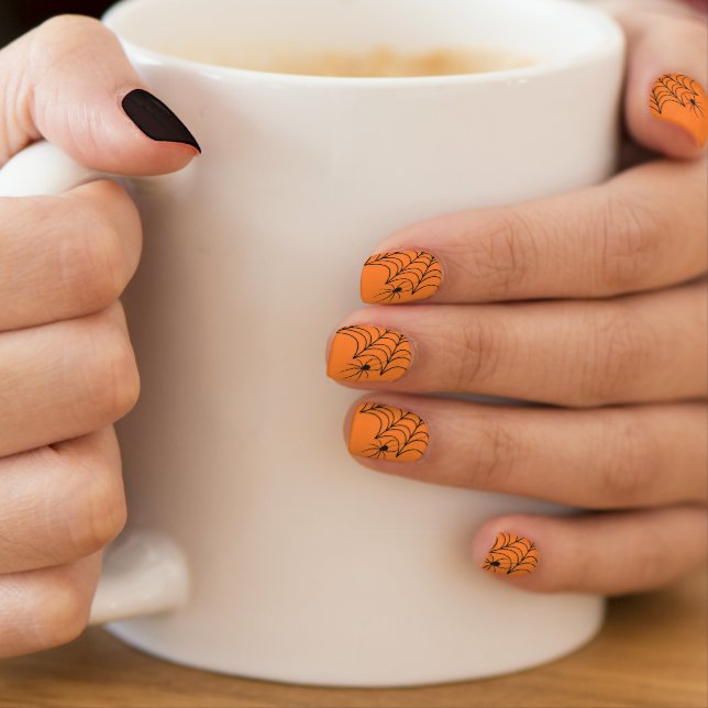 Spooky Cobweb Black & Orange Halloween Minx Nail Art (Insitu - Mug)