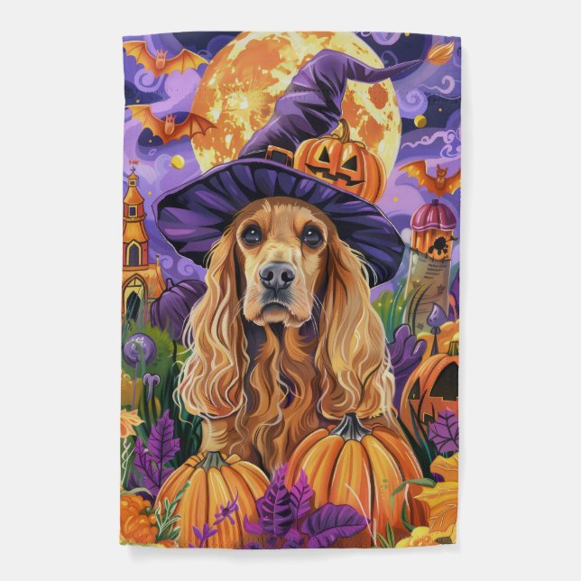 Spooky Cocker Spaniel Dog Halloween Witch Pumpkin Garden Flag (Front)