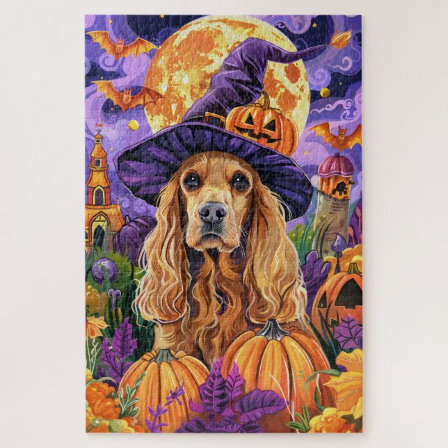Spooky Cocker Spaniel Dog Halloween Witch Pumpkin Jigsaw Puzzle (Vertical)