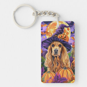 Spooky Cocker Spaniel Dog Halloween Witch Pumpkin Keychain